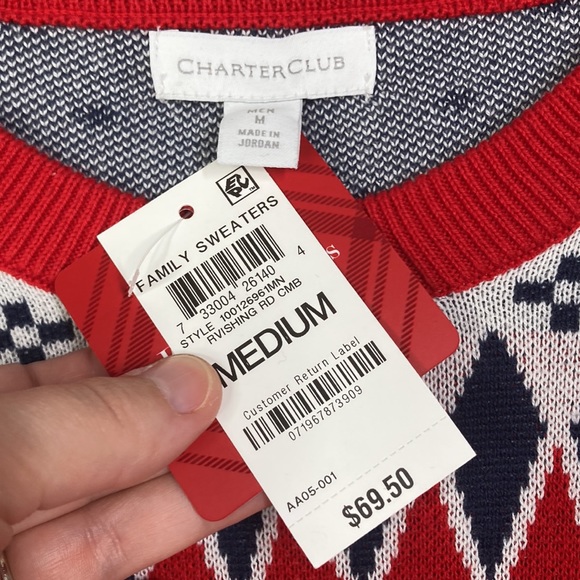 CHARTER CLUB Mens Red Patterned Crew Neck Cotton Blend Pullover Sweater … - Picture 6 of 9